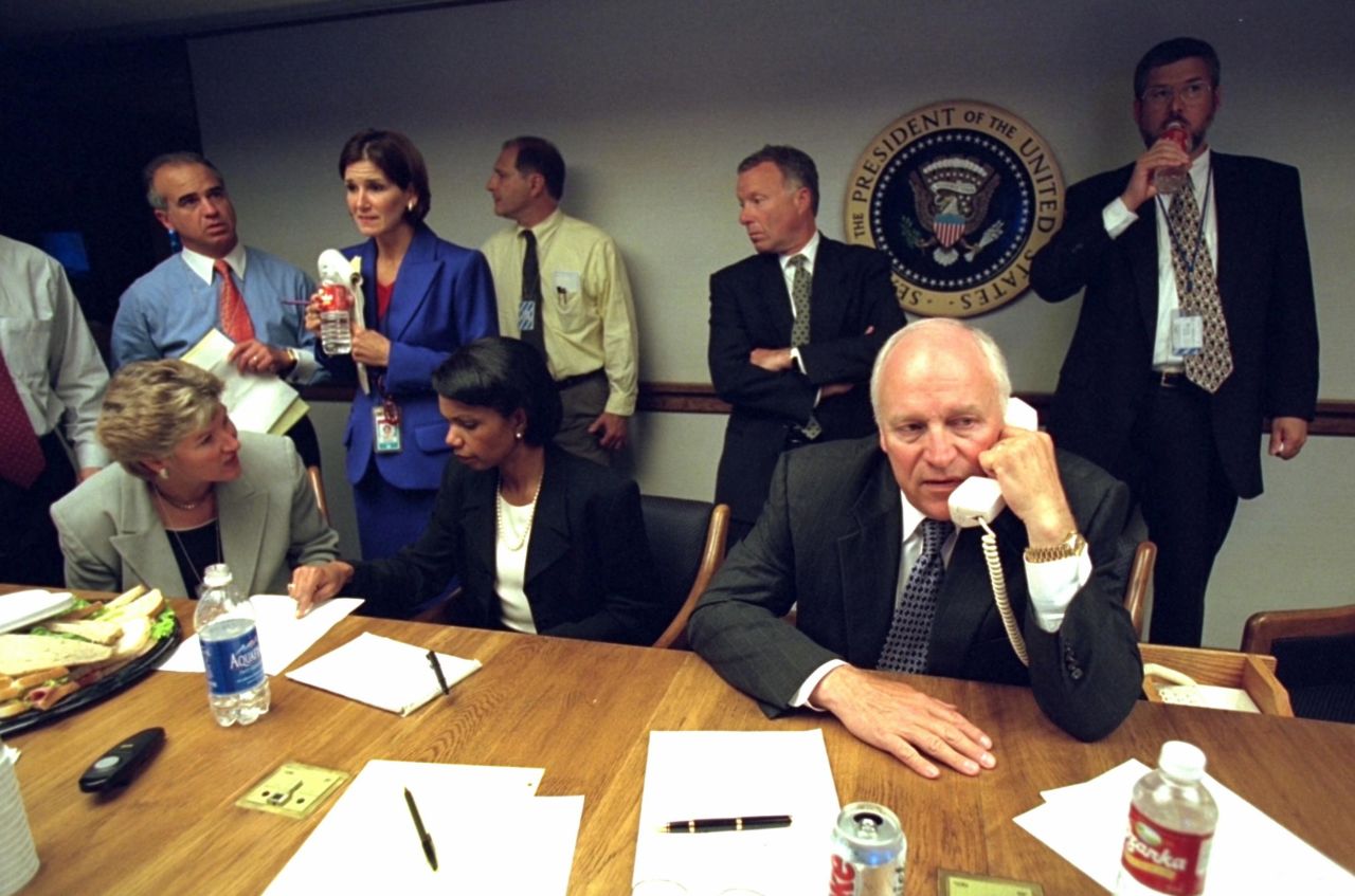 Vice President Dick Cheney talks on the phone from inside the President's Emergency Operations Center.