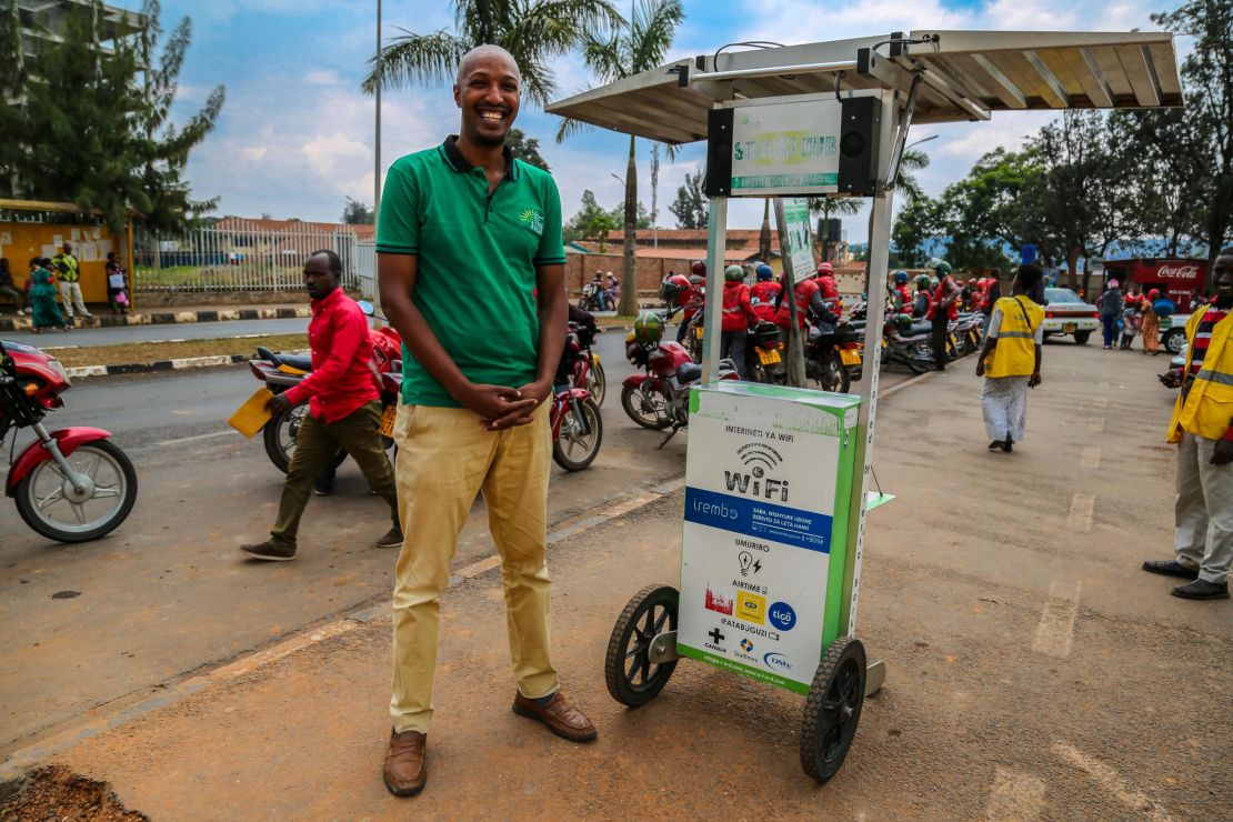 Founder Henri Nyakarundi leases Shiriki Hubs, solar-powered kiosks that can charge phones and provide Wi-Fi.