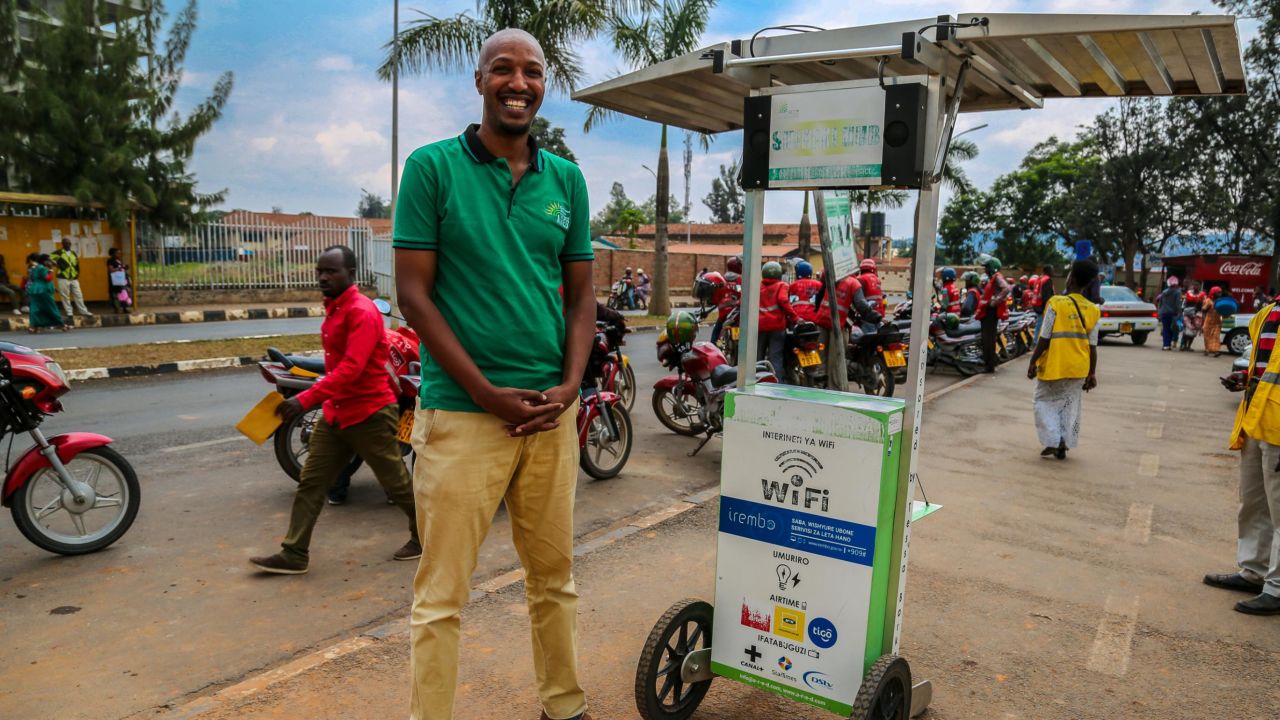 Founder Henri Nyakarundi leases Shiriki Hubs, solar-powered kiosks that can charge phones and provide Wi-Fi.