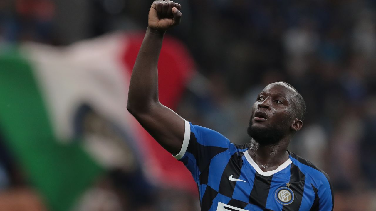 Romelu Lukaku celebrates a goal for Inter Milan.