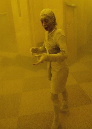 Marcy Borders stands covered in dust as she takes refuge in an office building after one of the World Trade Center towers collapsed. Borders, who became known as "Dust Lady," <a href="index.php?page=&url=http%3A%2F%2Fwww.cnn.com%2F2015%2F08%2F26%2Fus%2F9-11-survivor-dust-lady-dies%2Findex.html" target="_blank">died of stomach cancer in 2015.</a> She was 42.