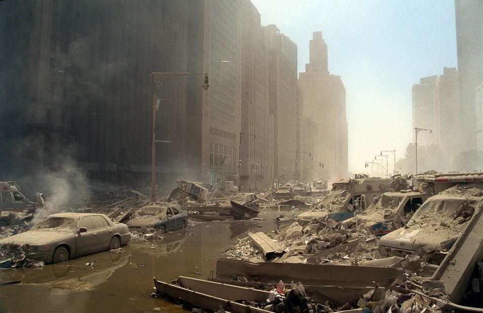 Dust, ash and rubble cover everything on a street in lower Manhattan.