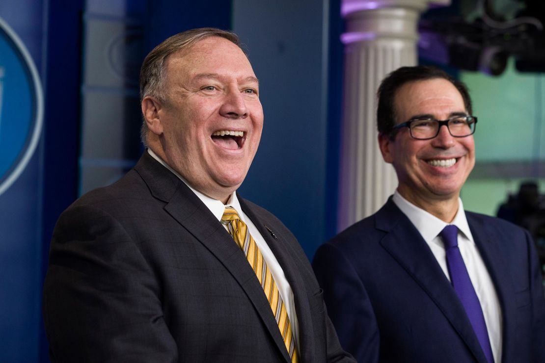 Secretary of State Mike Pompeo and Treasury Secretary Steve Mnuchin speak with reporters in the briefing room of the White House.