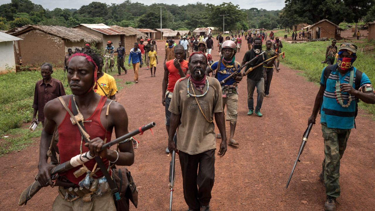 Antibalaka fighters walk in Gambo, southeast Central African Republic.