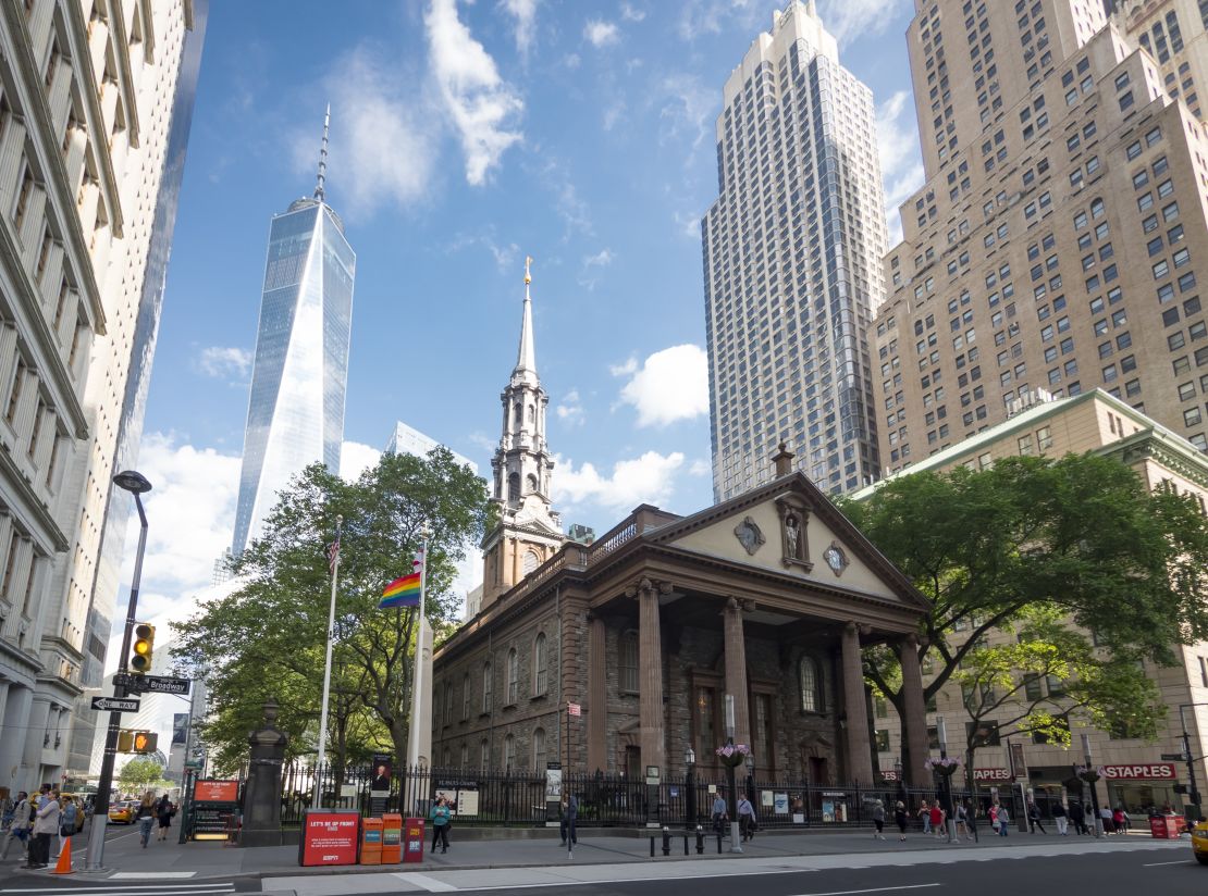St. Paul's Chapel wasn't  damaged during the 9/11 attack and was an important rescue staging area in the hours and days afterward. You can see the new One World Trade Center soaring in the background.