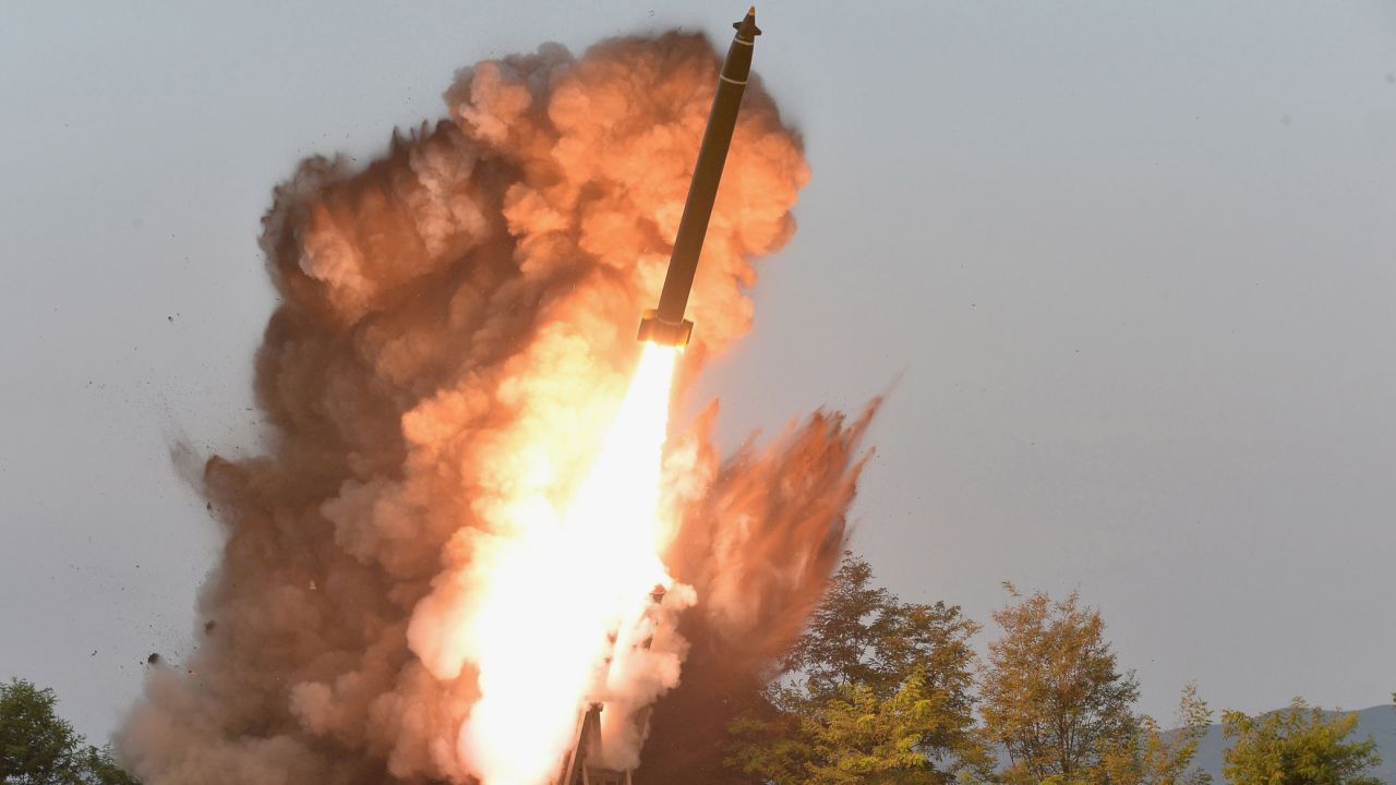 The North Korean government provided a photograph of a test-firing from a multiple rocket launcher.