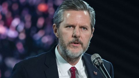Jerry Falwell Jr. introducing presidential candidate Donald Trump at a 2016 rally at Liberty University.