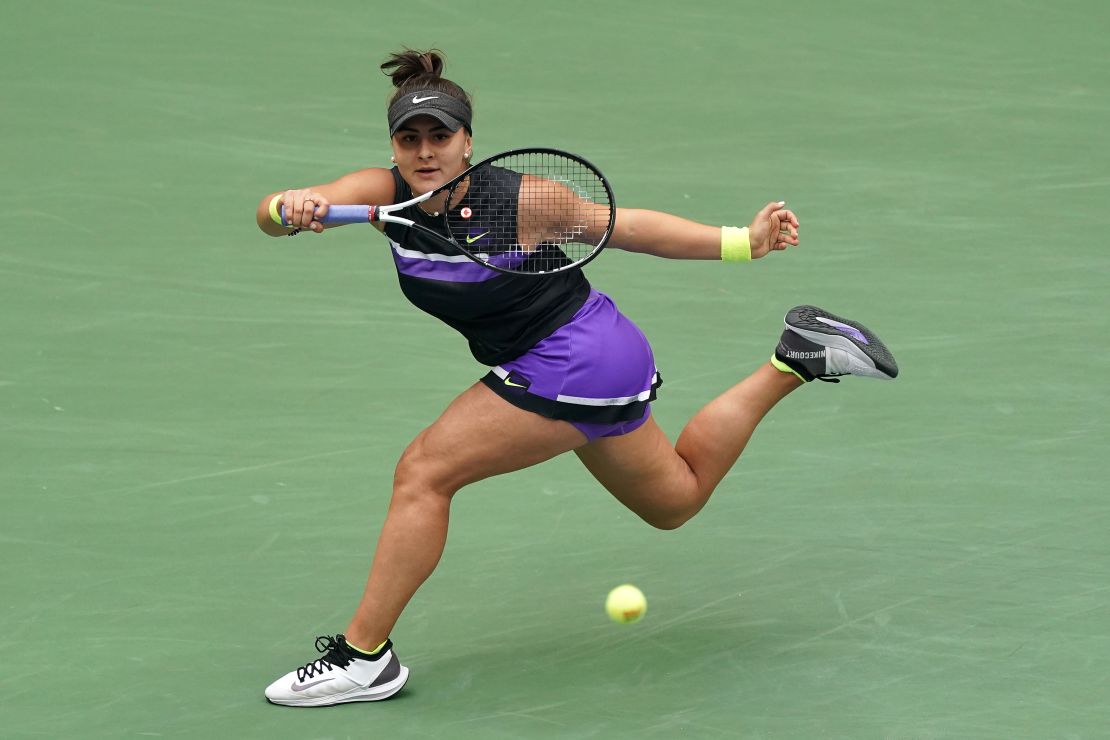 Bianca Andreescu returns a shot during the US Open final against Serena Williams.