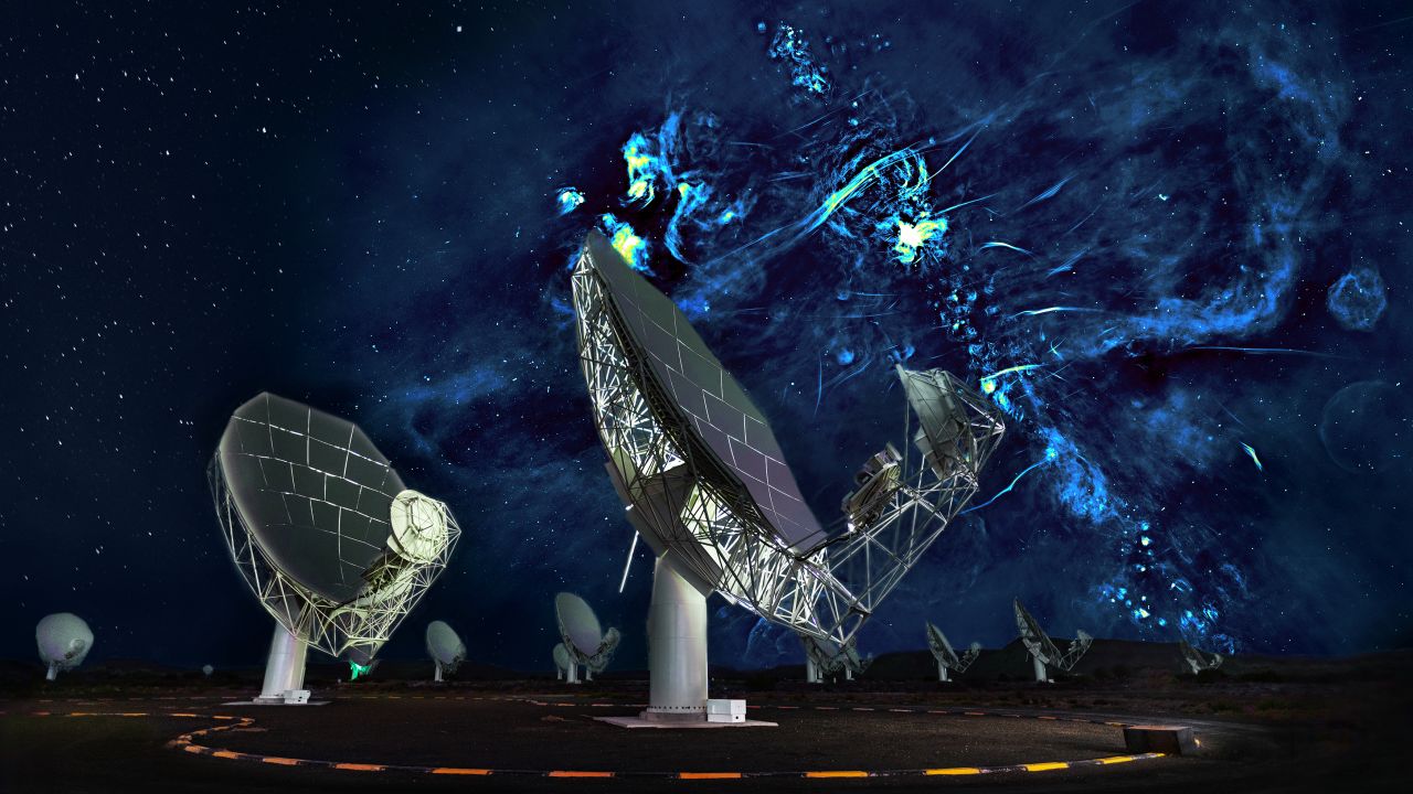 This is a radio image of the  Milky Way's galactic center with a portion of the MeerKAT telescope array in the foreground. 