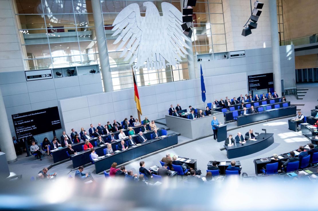 Chancellor Angela Merkel speaks in the German parliament. The possibility of major German spending to upgrade infrastructure and tackle the climate crisis is generating lots of excitement.