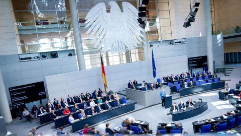 Chancellor Angela Merkel speaks in the German parliament. The possibility of major German spending to upgrade infrastructure and tackle the climate crisis is generating lots of excitement.