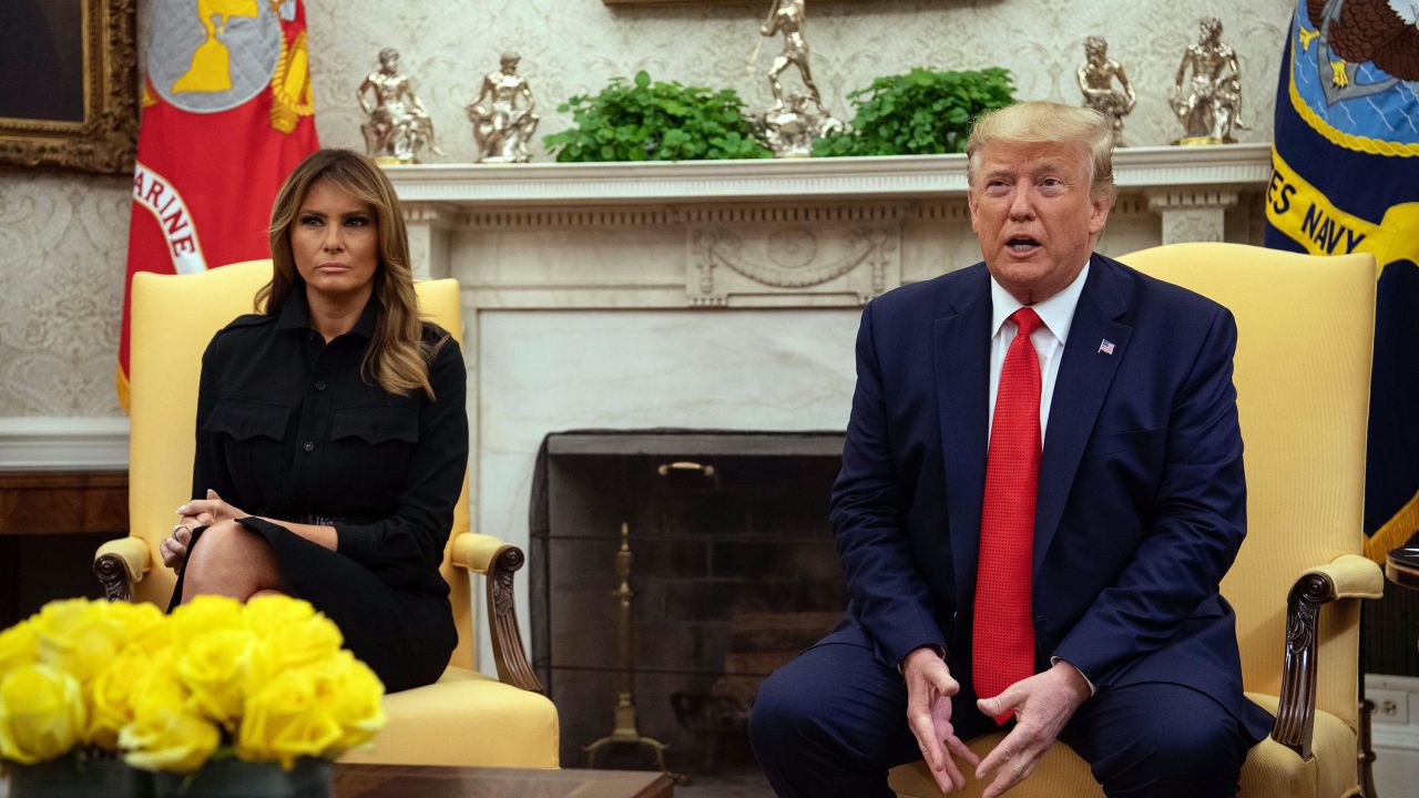 US President Donald Trump, with First Lady Melania Trump, speaks to the press in the Oval Office at the White House in Washington, DC, on September 11, 2019. Trump on Wednesday announced his administration was considering a ban on flavored vaping products, amid a growing outbreak of severe lung disease in the US that has claimed at least six lives. "It's causing a lot of problems," the president told reporters at the White House, where he was accompanied by Health and Human Services Secretary Alex Azar and acting Food and Drug Administration head Norman Sharpless.