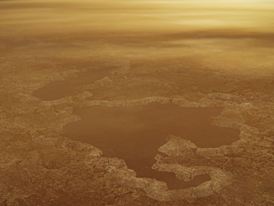 This is an artist's concept of a lake at the north pole of Saturn's moon Titan. 