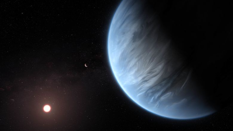 This artist's illustration showcases exoplanet K2-18b orbiting its host star. It's currently the only super-Earth exoplanet that has water vapor in its atmosphere and could be within the right temperature to support life. 