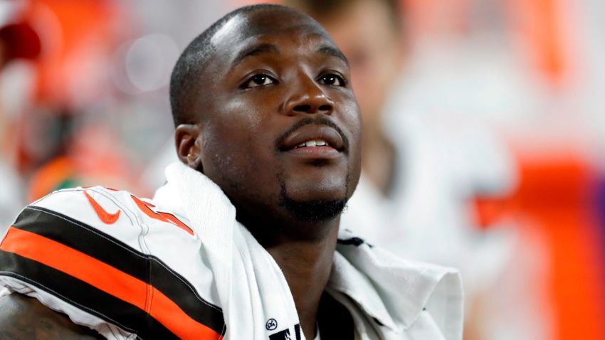 FILE - In this Aug. 8, 2019, file photo, Cleveland Browns defensive end Chris Smith (50) sits on the sideline during the first half of an NFL preseason football game against the Washington Redskins in Cleveland. Petara Cordero, the girlfriend of Smith has been killed in an accident early Wednesday, Sept. 11, 2019. The team said Cordero, 26, died when she was struck by an oncoming car on I-90 West at around 2 a.m. after she and Smith had pulled to the side of the road when the car he was driving had a tire malfunction and spun out. (AP Photo/Ron Schwane, File)