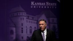 Secretary of State Mike Pompeo answers a question from an audience member after giving a speech at the London Lecture series at Kansas State University Friday, September 6 in Manhattan, Kansas.
