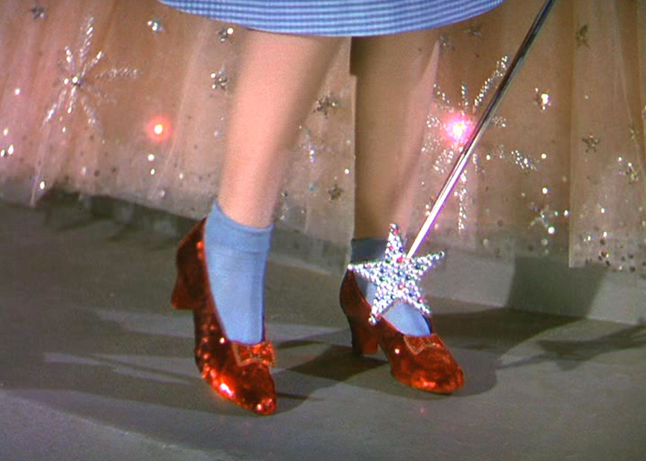 A pair of ruby slippers worn by Judy Garland on the set of "The Wizard of Oz."