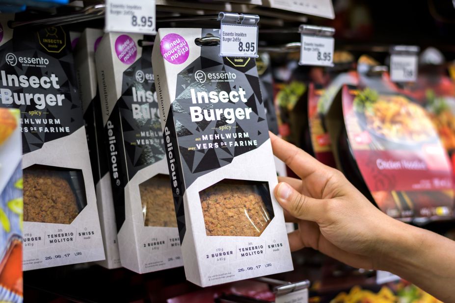 These pre-cooked insect burgers on a supermarket shelf in Geneva are based on protein-rich mealworm. Because they have a mild flavor they can easily be doctored with other ingredients for a protein-packed meal with a tiny carbon footprint. 