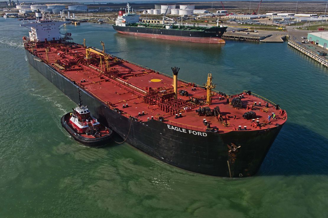 The Eagle Ford crude oil tanker sails out of the dock in Corpus Christi, Texas.