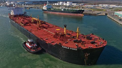 The Eagle Ford crude oil tanker sails out of the dock in Corpus Christi, Texas.