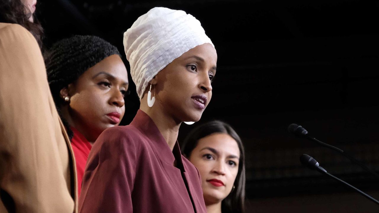 U.S. Rep. Ilhan Omar (D-MN) speaks as Rep. Rashida Tlaib (D-MI), Rep. Ayanna Pressley (D-MA), and Rep. Alexandria Ocasio-Cortez (D-NY) listen during a press conference at the U.S. Capitol on July 15