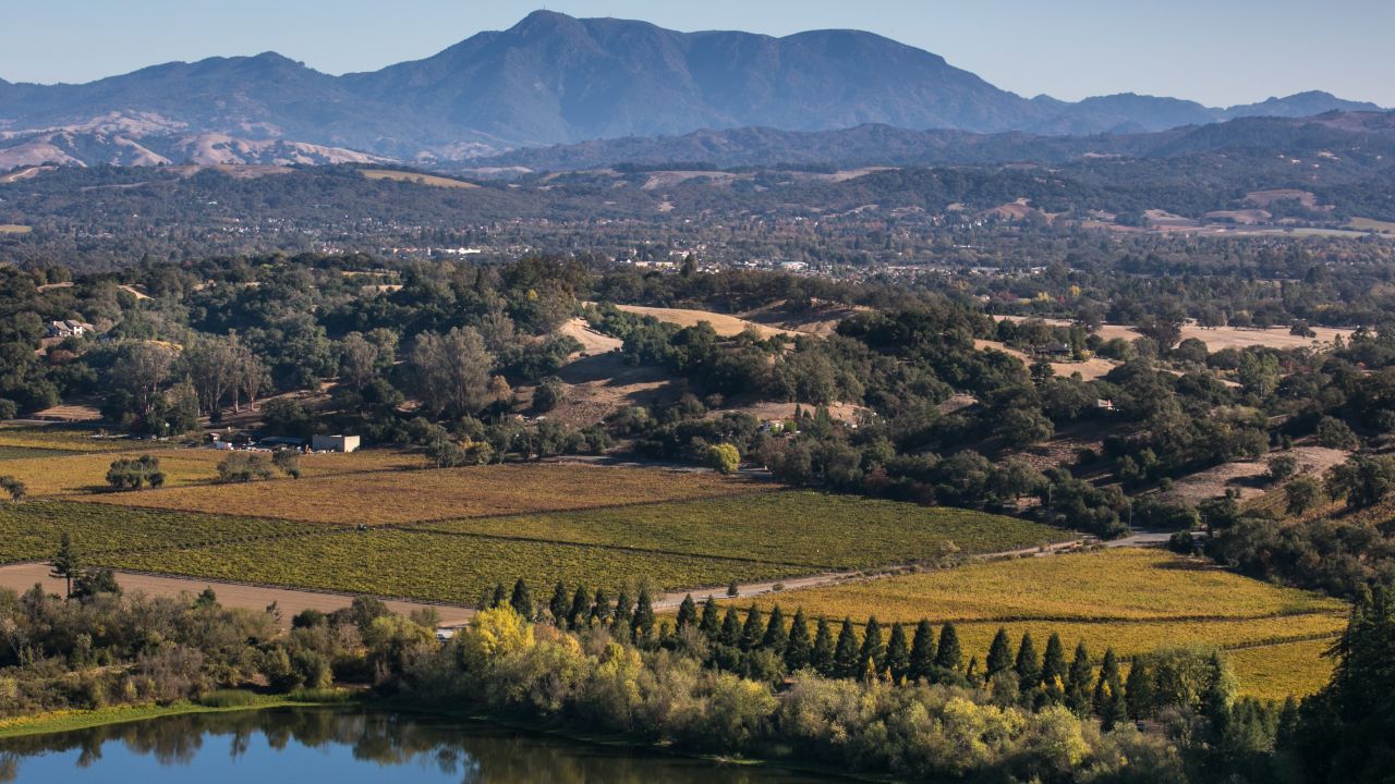 Mount St Helena can be seen in this aerial photo taken over Riverfront Regional Park near Healdsburg, California.