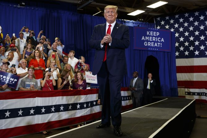 US President Donald Trump arrives for a <a href="https://www.cnn.com/2019/09/09/politics/donald-trump-north-carolina-rally/index.html" target="_blank">campaign rally</a> in Fayetteville, North Carolina, on Monday, September 9.