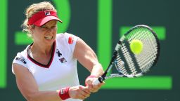 KEY BISCAYNE, FL - MARCH 21:  Kim Clijsters of Belguim in action against Jarmila Gajdosova of Australia during Day 3 of the Sony Ericsson Open at Crandon Park Tennis Center on March 21, 2012 in Key Biscayne, Florida.  (Photo by Al Bello/Getty Images)