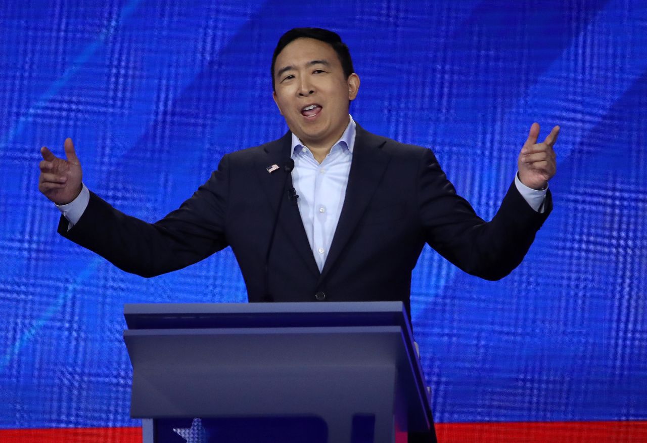 During his opening statement, Yang announced that his campaign <a href="https://www.cnn.com/politics/live-news/democratic-debate-september-2019/h_24e909f4735f564d703f3c9c559d9335" target="_blank">will raffle off 10 "Freedom Dividends,"</a> giving $1,000 a month to 10 people for a year. He said he would personally finance them as a way to illustrate how his Universal Basic Income would work. It's his signature policy proposal: a basic income that would give each adult $1,000 a month.