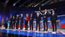 HOUSTON, TEXAS - SEPTEMBER 12: Democratic presidential candidates Sen. Amy Klobuchar (D-MN) (L-R), Sen. Cory Booker (D-NJ), South Bend, Indiana Mayor Pete Buttigieg, Sen. Bernie Sanders (I-VT), former Vice President Joe Biden, Sen. Elizabeth Warren (D-MA), Sen. Kamala Harris (D-CA), former tech executive Andrew Yang, former Texas congressman Beto O'Rourke, former housing secretary Julian Castro appear on stage before the start of the Democratic Presidential Debate at Texas Southern University's Health and PE Center on September 12, 2019 in Houston, Texas. Ten Democratic presidential hopefuls were chosen from the larger field of candidates to participate in the debate hosted by ABC News in partnership with Univision. (Photo by Justin Sullivan/Getty Images)