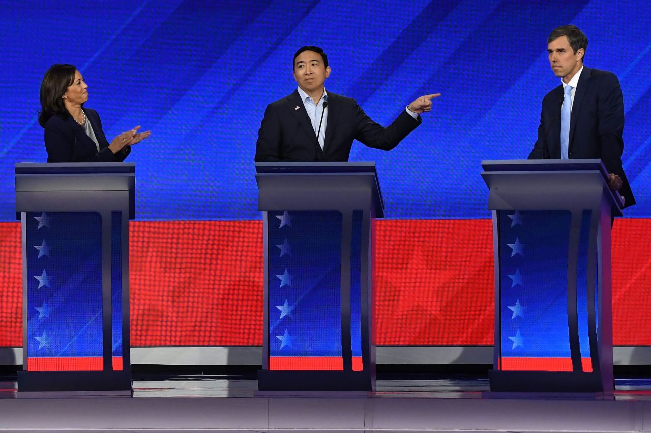 Harris and Yang applaud O'Rourke for his response to the recent mass shooting in his hometown of El Paso. The former US congressman from Texas <a href="https://www.cnn.com/politics/live-news/democratic-debate-september-2019/h_40b8d07231490936196fa12d11fdee62" target="_blank">then made his case for a mandatory buyback of assault-style firearms.</a>