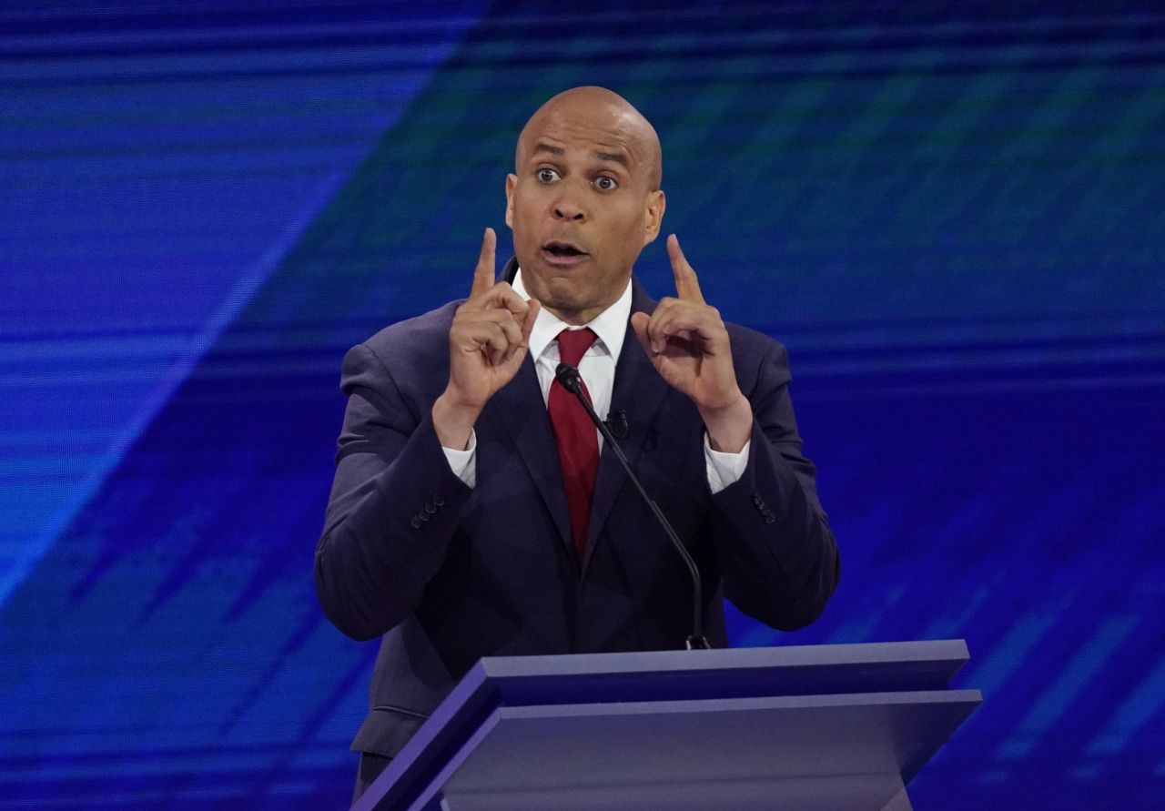 Booker responds to a question during the debate. In his opening statement, the US senator from New Jersey said that "the differences amongst us Democrats on the stage are not as great as the urgency for us to unite as a party."