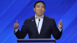 HOUSTON, TEXAS - SEPTEMBER 12: Democratic presidential candidate former tech executive Andrew Yang speaks during the Democratic Presidential Debate at Texas Southern University's Health and PE Center on September 12, 2019 in Houston, Texas. Ten Democratic presidential hopefuls were chosen from the larger field of candidates to participate in the debate hosted by ABC News in partnership with Univision. (Photo by Win McNamee/Getty Images)