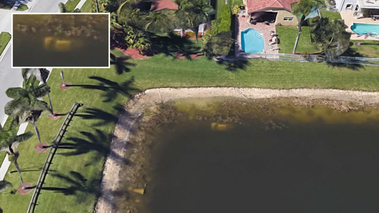 The submerged car is on the top left side of the pond. See inset.