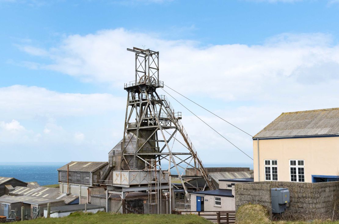 A restored head frame at the old Geevor tin mine in Pendeen, Cornwall, 