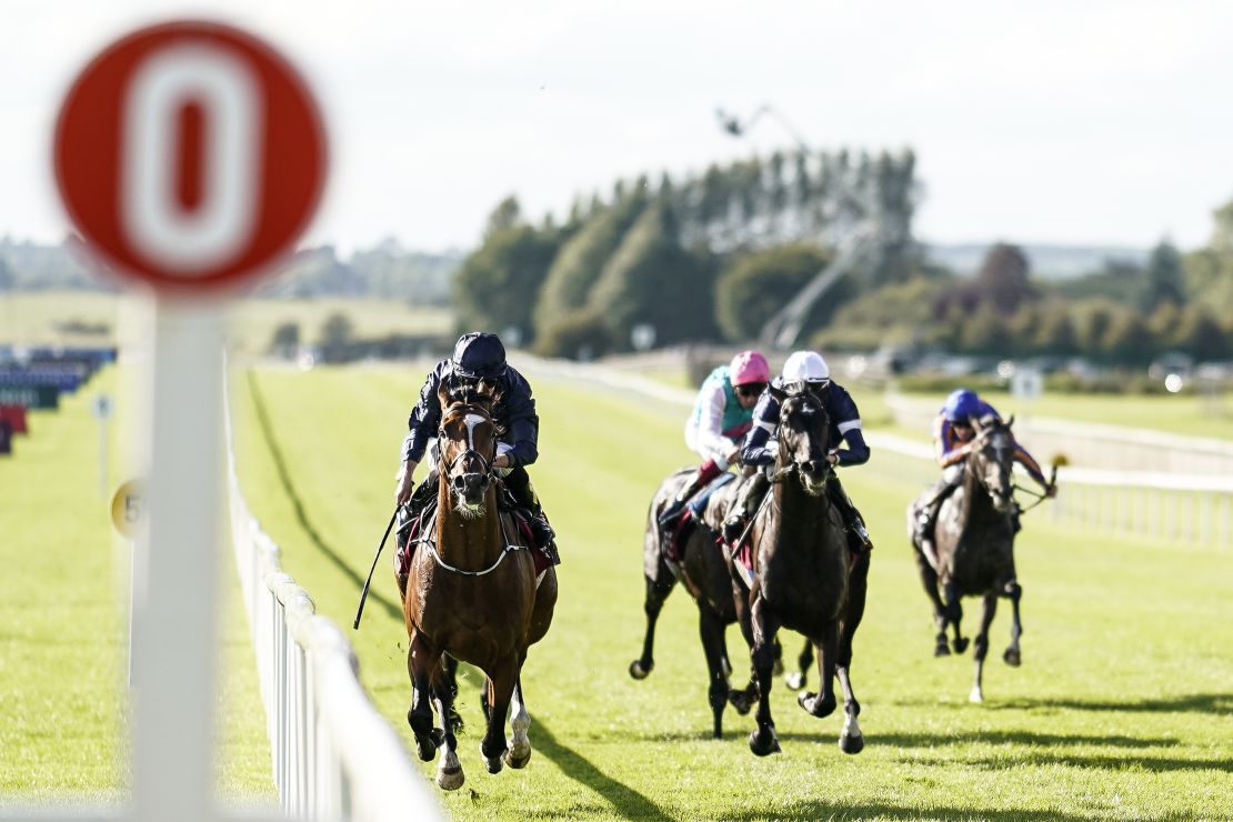 Ryan Moore riding Flag Of Honour (left) to win the Irish St. Leger at the Curragh in 2018.