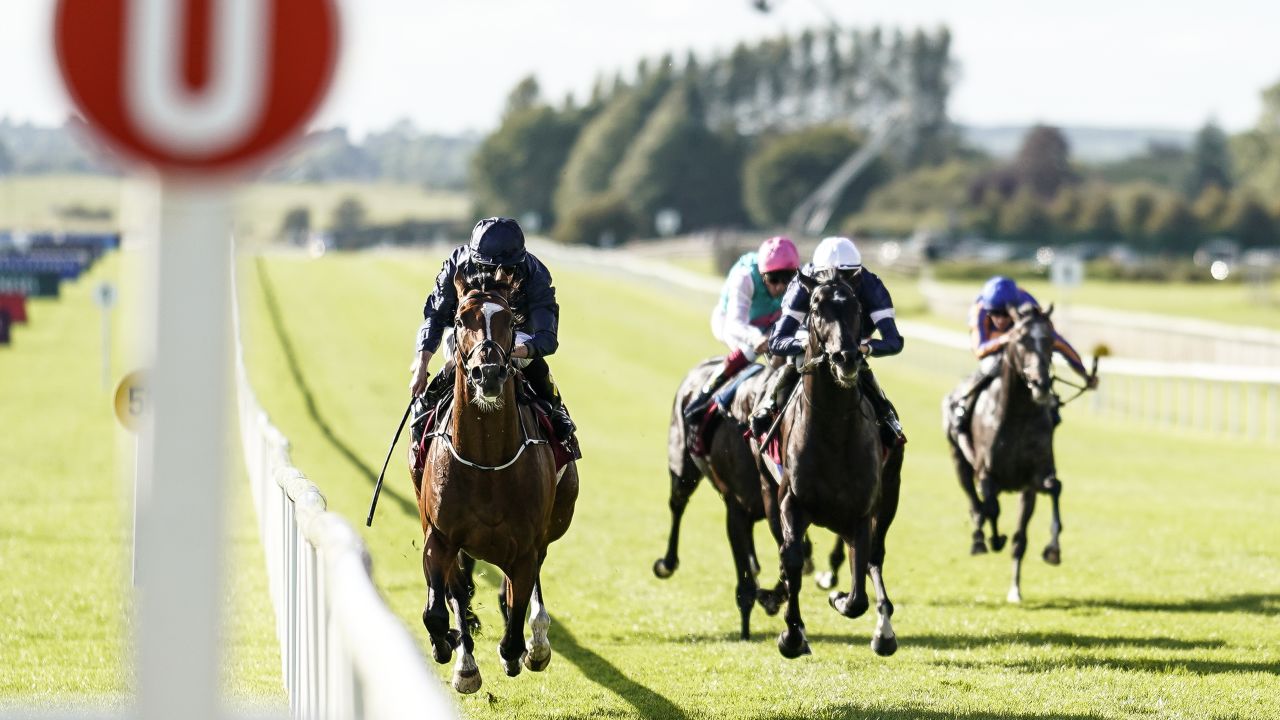 Ryan Moore riding Flag Of Honour (left) to win the Irish St. Leger at the Curragh in 2018.