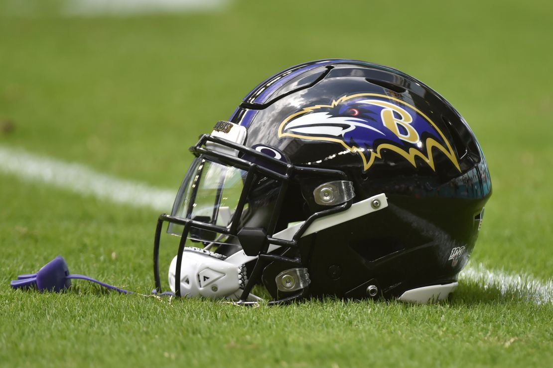 A Baltimore Ravens helmet before the start of the game against the Miami Dolphins.