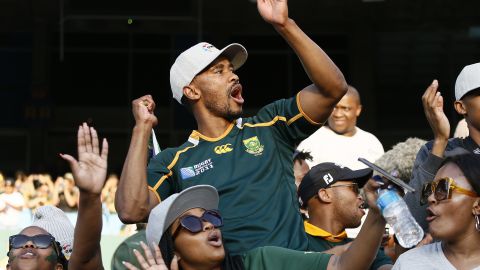 A member of Gwijo Squad sings in support of the Springboks against Argentina at Loftus Versfeld Stadium in Pretoria. 