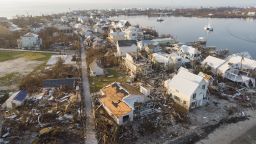 An aerial view of view of damaged homes in Hurricane Dorian devastated Elbow Key Island on September 7, 2019 in Elbow Key Island, Bahamas.  The official death toll has risen to 43 and according to officials is likely to increase even more. 