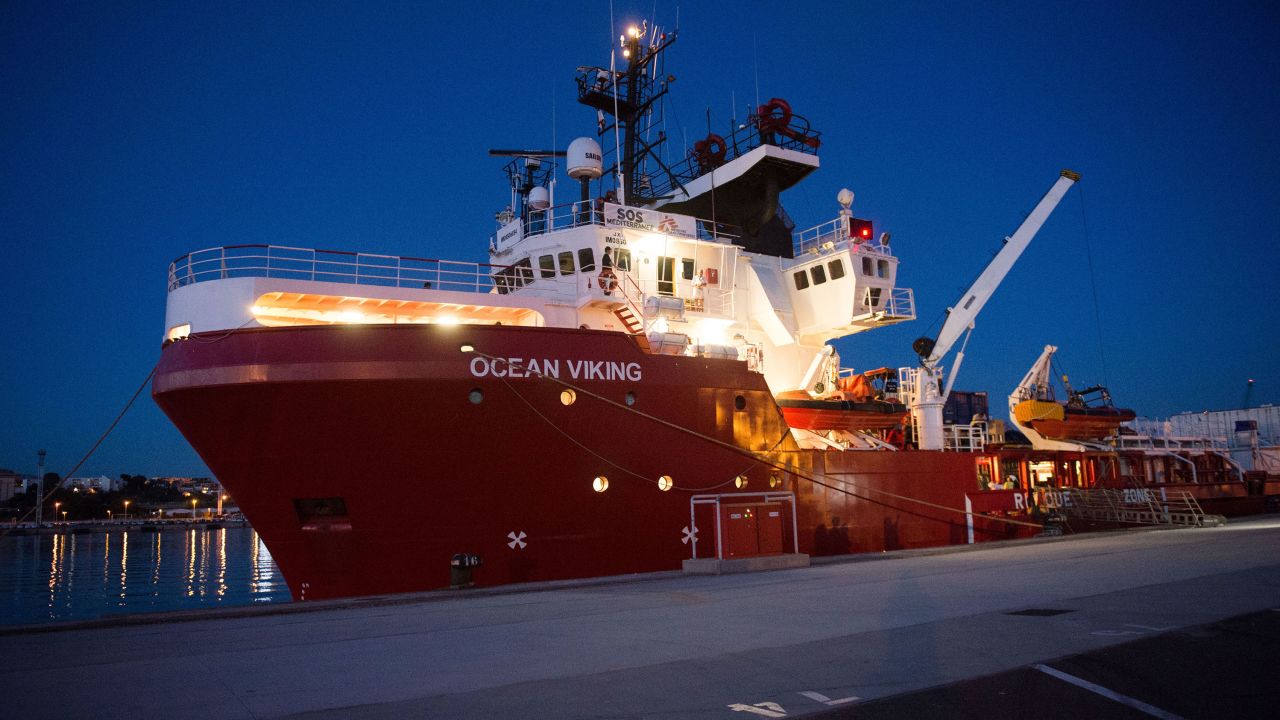 The migrant rescue ship Ocean Viking, pictured in Marseille harbor on August 4, 2019.