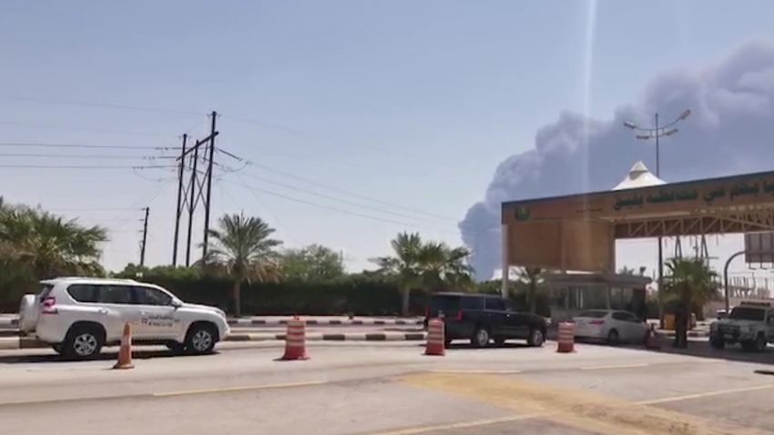 This AFPTV screen grab from a video made on September 14, 2019, shows smoke billowing from an Aramco oil facility in Abqaiq about 60km (37 miles) southwest of Dhahran in Saudi Arabia's eastern province. - Drone attacks sparked fires at two Saudi Aramco oil facilities early today, the interior ministry said, in the latest assault on the state-owned energy giant as it prepares for a much-anticipated stock listing. Yemen's Iran-aligned Huthi rebels claimed the drone attacks, according to the group's Al-Masirah television. (Photo by - / AFP)        (Photo credit should read -/AFP/Getty Images)