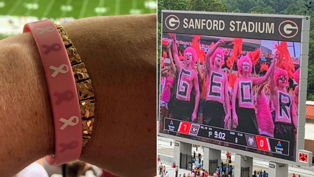 Hannah Kay Herdlinger attended the game with Jim Davies, who snapped a photo of her pink wristband.