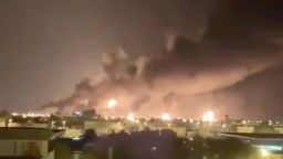 Smoke fills the sky at the Abqaiq oil processing facility on Saturday, Sept. 14, 2019 in Saudi Arabia.   Drones claimed by Yemen's Houthi rebels attacked the world's largest oil processing facility in Saudi Arabia and a major oilfield operated by Saudi Aramco early Saturday, sparking a huge fire at a processor crucial to global energy supplies.
