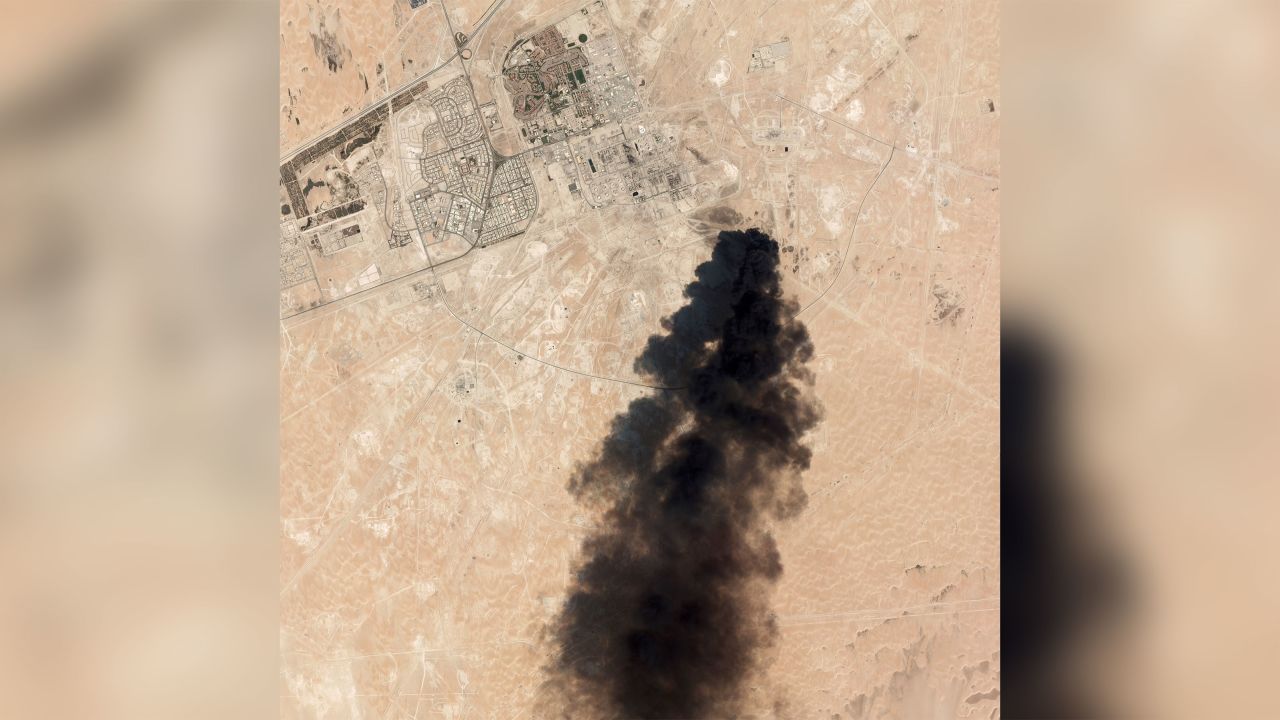 A satellite image taken Saturday, September 14, 2019, shows thick black smoke rising from the Abqaiq oil processing facility in Saudi Arabia. 