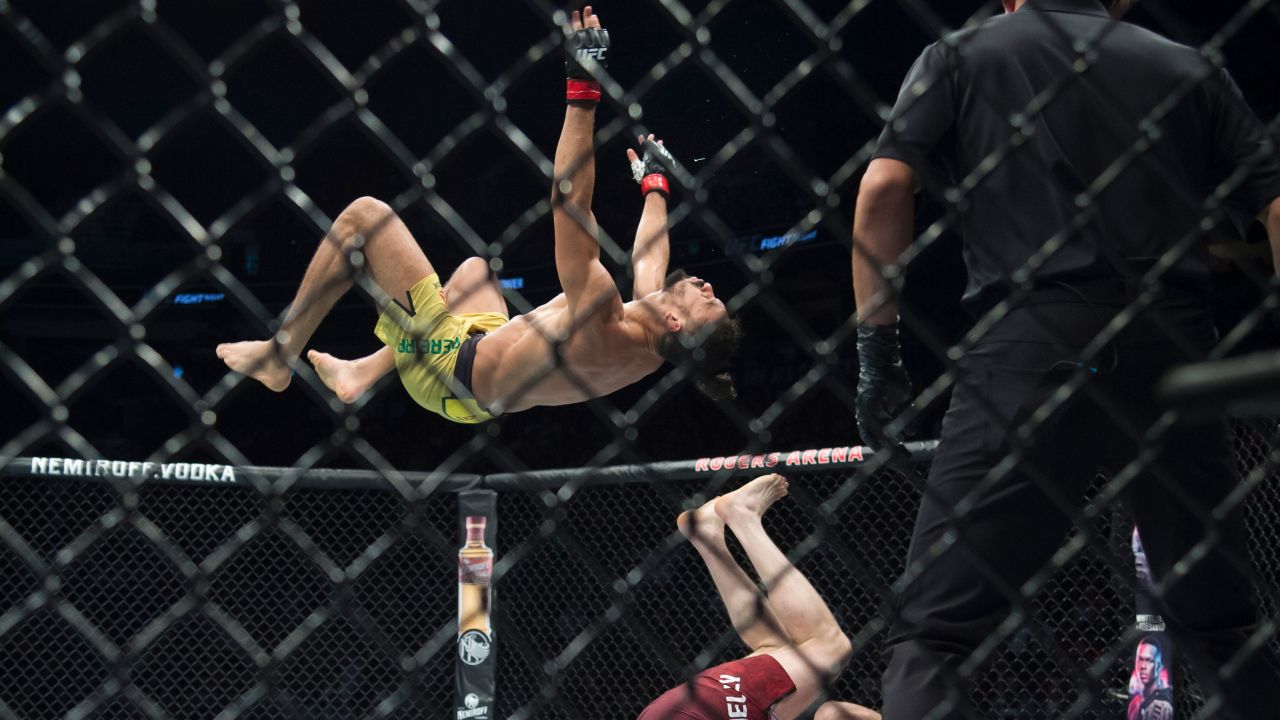 Michel Pereira is suspended in mid-air during his faceoff against Tristan Connelly at UFC Fight Night in Vancouver on Saturday.