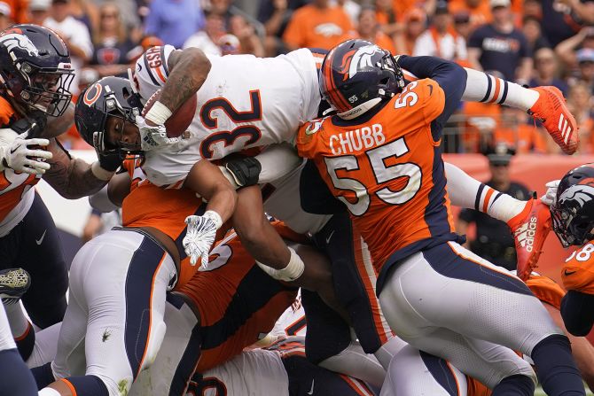 Chicago running back David Montgomery dives in for a touchdown during an NFL game in Denver on Sunday, September 15.