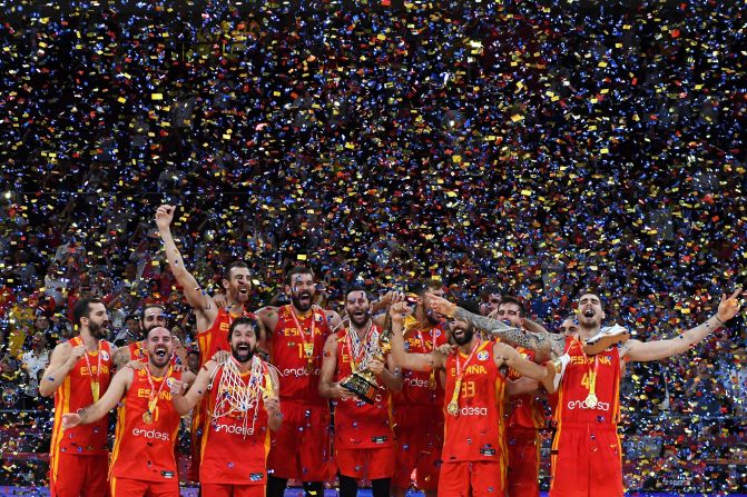 Spain's basketball team celebrates after <a href="index.php?page=&url=https%3A%2F%2Fwww.cnn.com%2F2019%2F09%2F15%2Fsport%2Fspain-wins-fiba-basketball-world-cup-title%2Findex.html" target="_blank">winning the World Cup</a> in Beijing on Sunday, September 15. It's the second World Cup title for Spain, which went 8-0 in this year's competition and defeated Argentina in the final. 