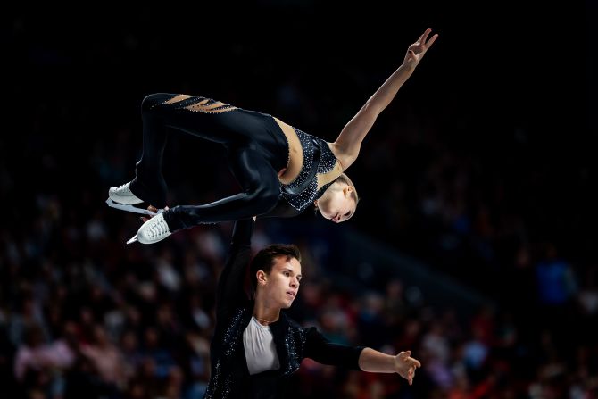 Russian figure skaters Kseniia Akhanteva and Valerii Kolesov compete in a Junior Grand Prix event in Chelyabinsk, Russia, on Friday, September 13.