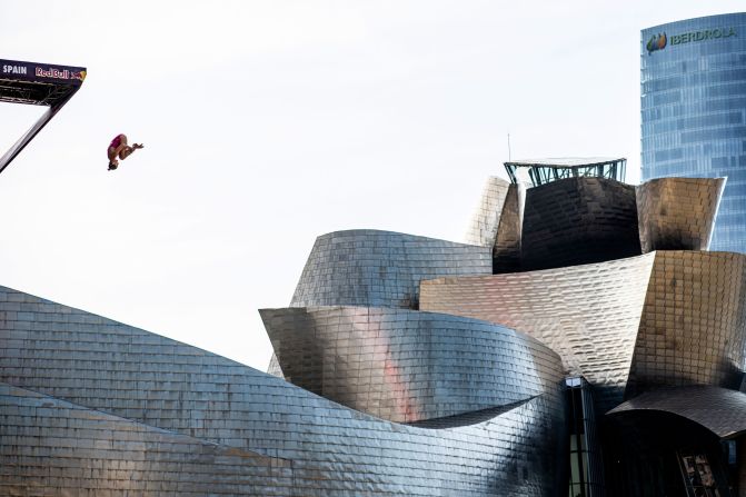 Iris Schmidbauer dives from a platform in Bilbao, Spain, on Friday, September 13. Bilbao is the final stop of the Red Bull Cliff Diving World Series.